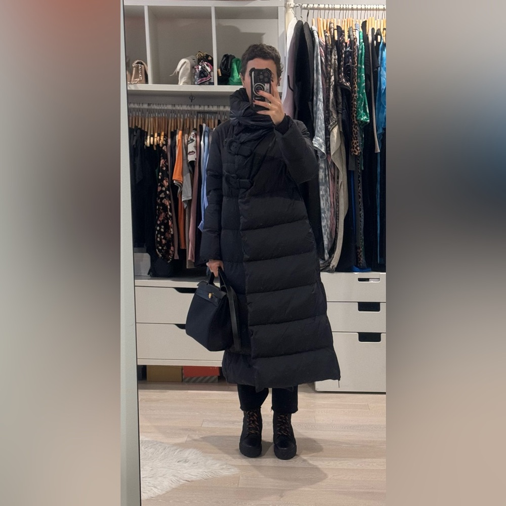 Emporio Armani Long Puffer Coat in Black, Navy Inside. Size 36, Used